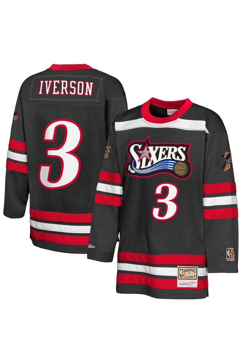 Youth Mitchell & Ness Allen Iverson Black Philadelphia 76ers Maxxed Out 2.0 Fashion Hockey Jersey, Main, color, Black