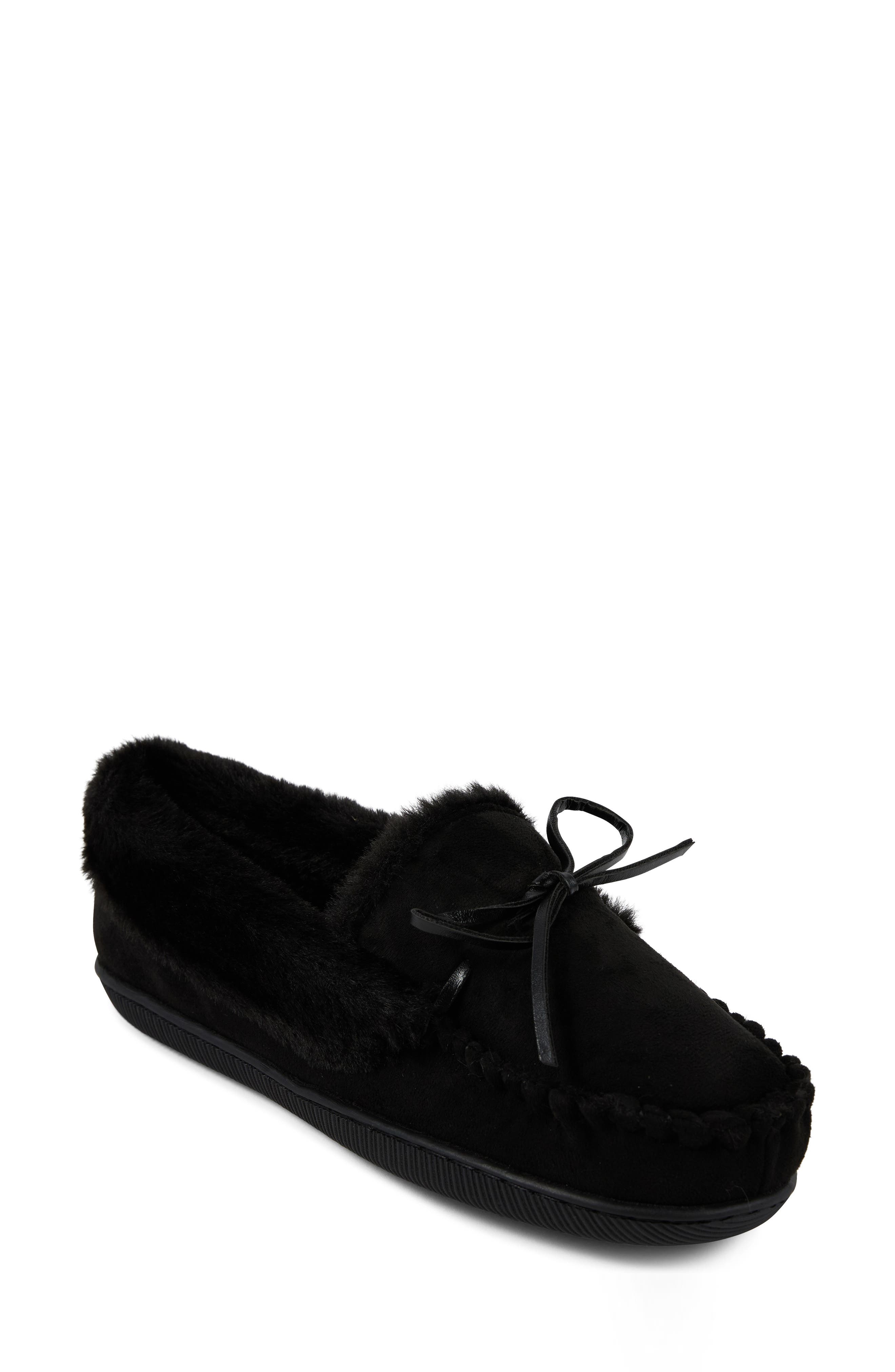 Faux Suede & Faux Fur Lined Slipper, Main, color, BLACK