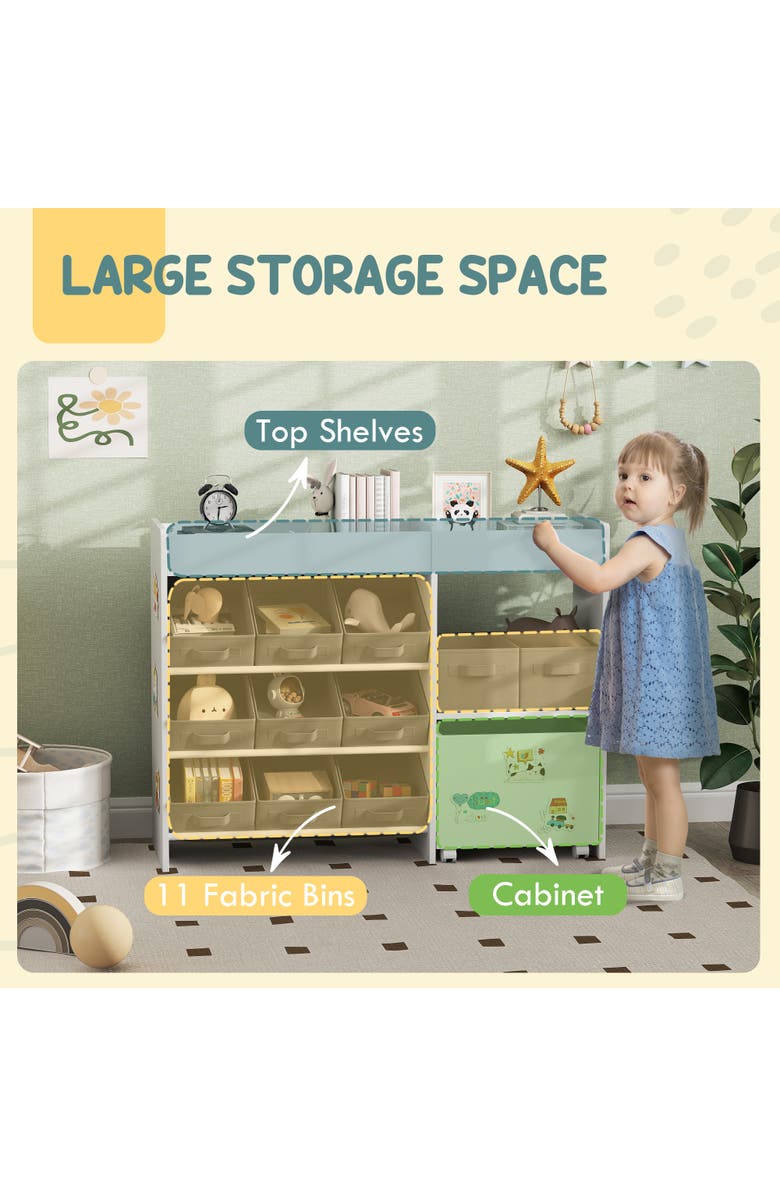 Qaba Toy Storage Organizer with Shelves and Fabric Bins Moveable Cabinet and Stickers Toy Organizer for Nursery Playroom Bedroom, Alternate, color, White