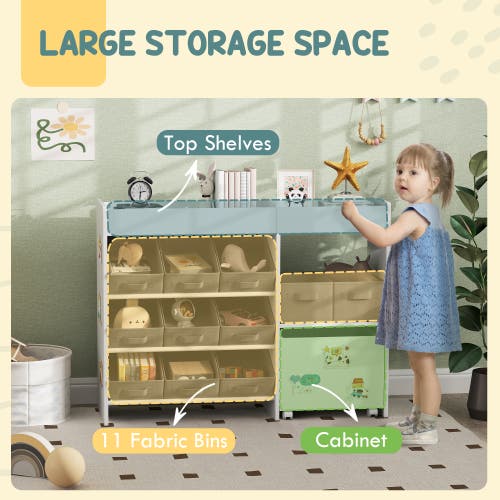 Qaba Toy Storage Organizer With Shelves And Fabric Bins Moveable Cabinet And Stickers Toy Organizer In White