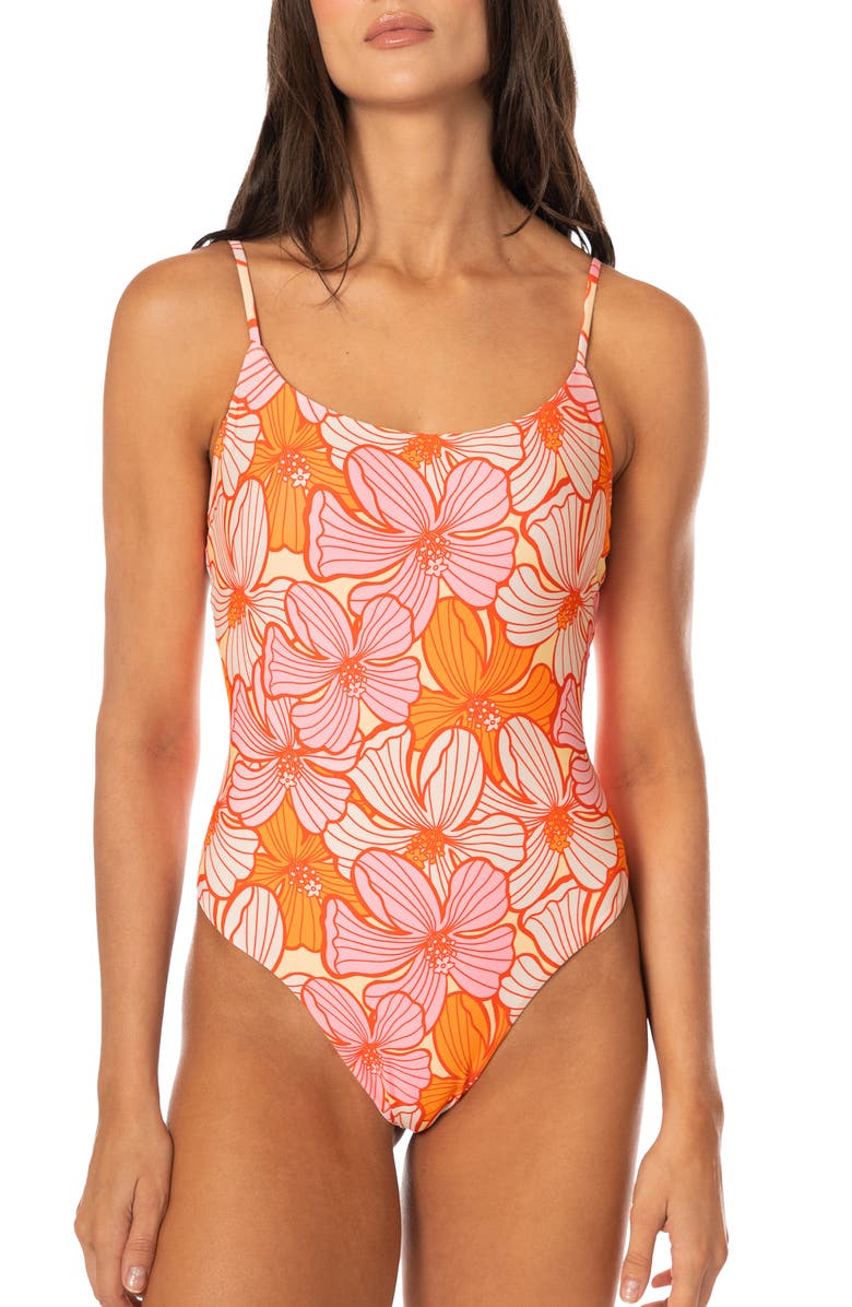 Maaji Retro Bloom Luster Reversible One-Piece Swimsuit, Alternate, color, Open Pink