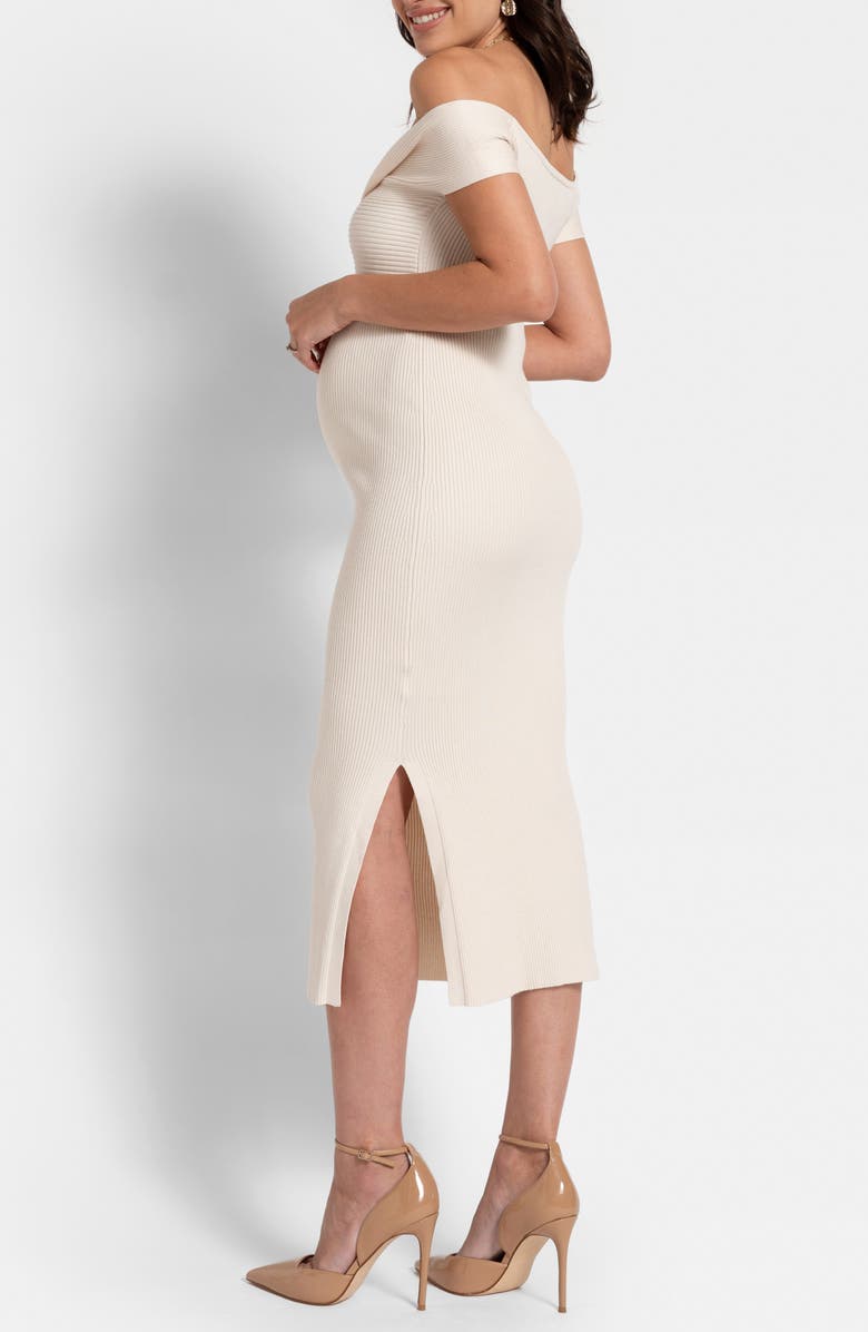 Seraphine Rib Knot Detail Off the Shoulder Midi Maternity Dress, Alternate, color,