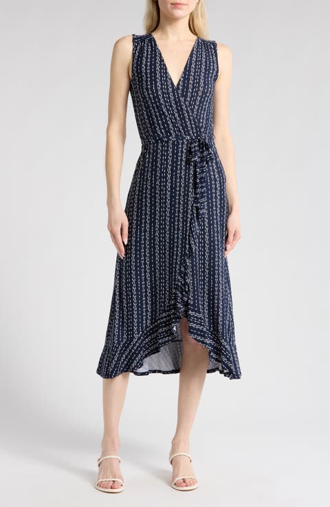 Stripe Sleeveless Faux Wrap Dress