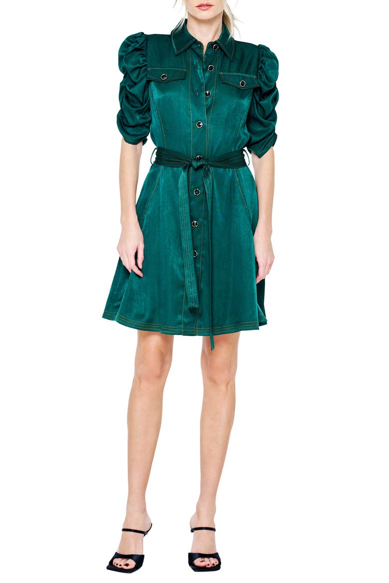 Bryce Puff Sleeve Tie Waist Dress, Main, color, EMERALD