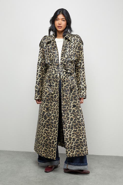 Warehouse Leopard Print Trench Coat In Green
