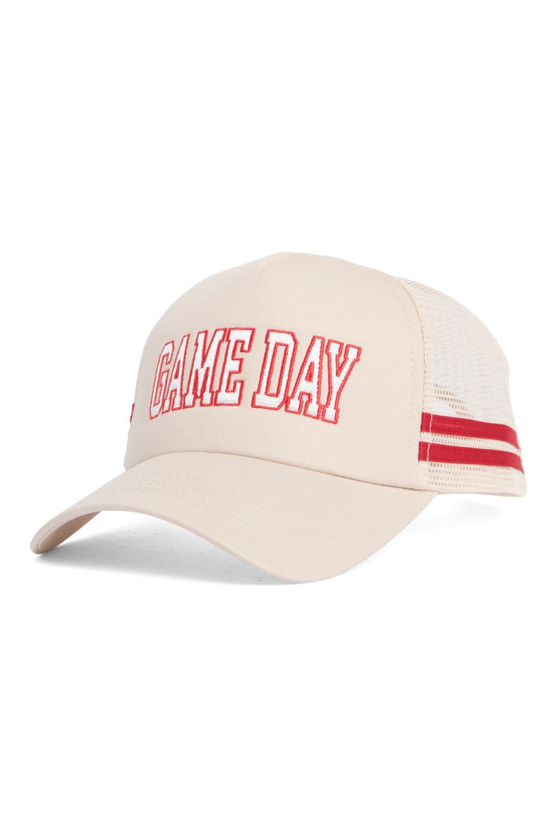 Game Day Stripes Trucker Hat, Main, color, BEIGE/RED