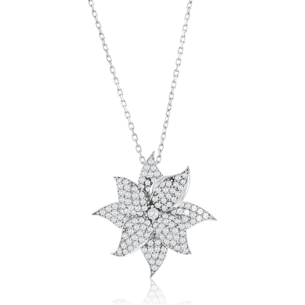 Suzy Levian Rose Sterling Silver White Cubic Zirconia Large Pave Flower Pendant