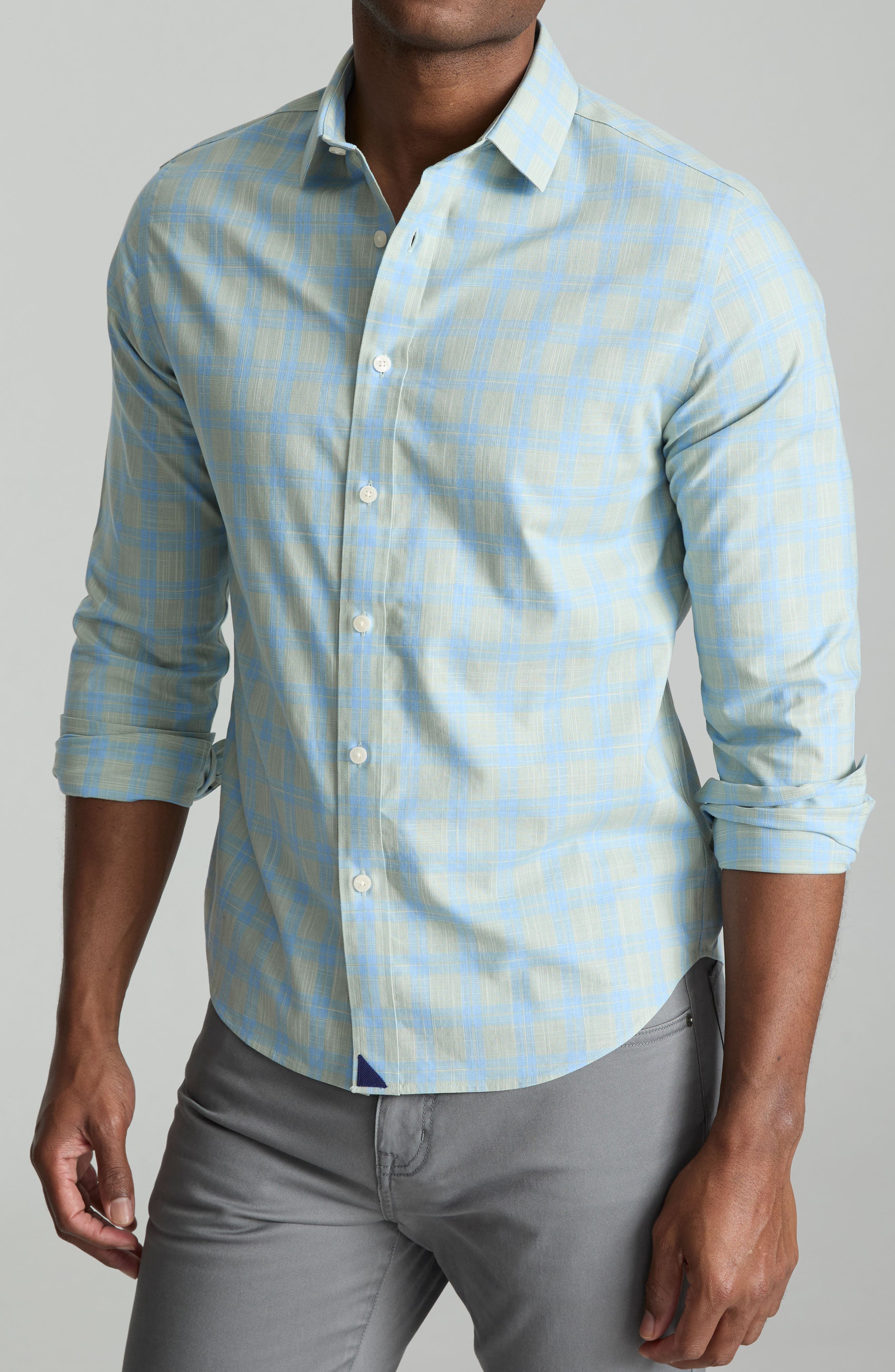 UNTUCKit Clark Plaid Slub Wrinkle Free Cotton Button-Up Shirt in Light Green 