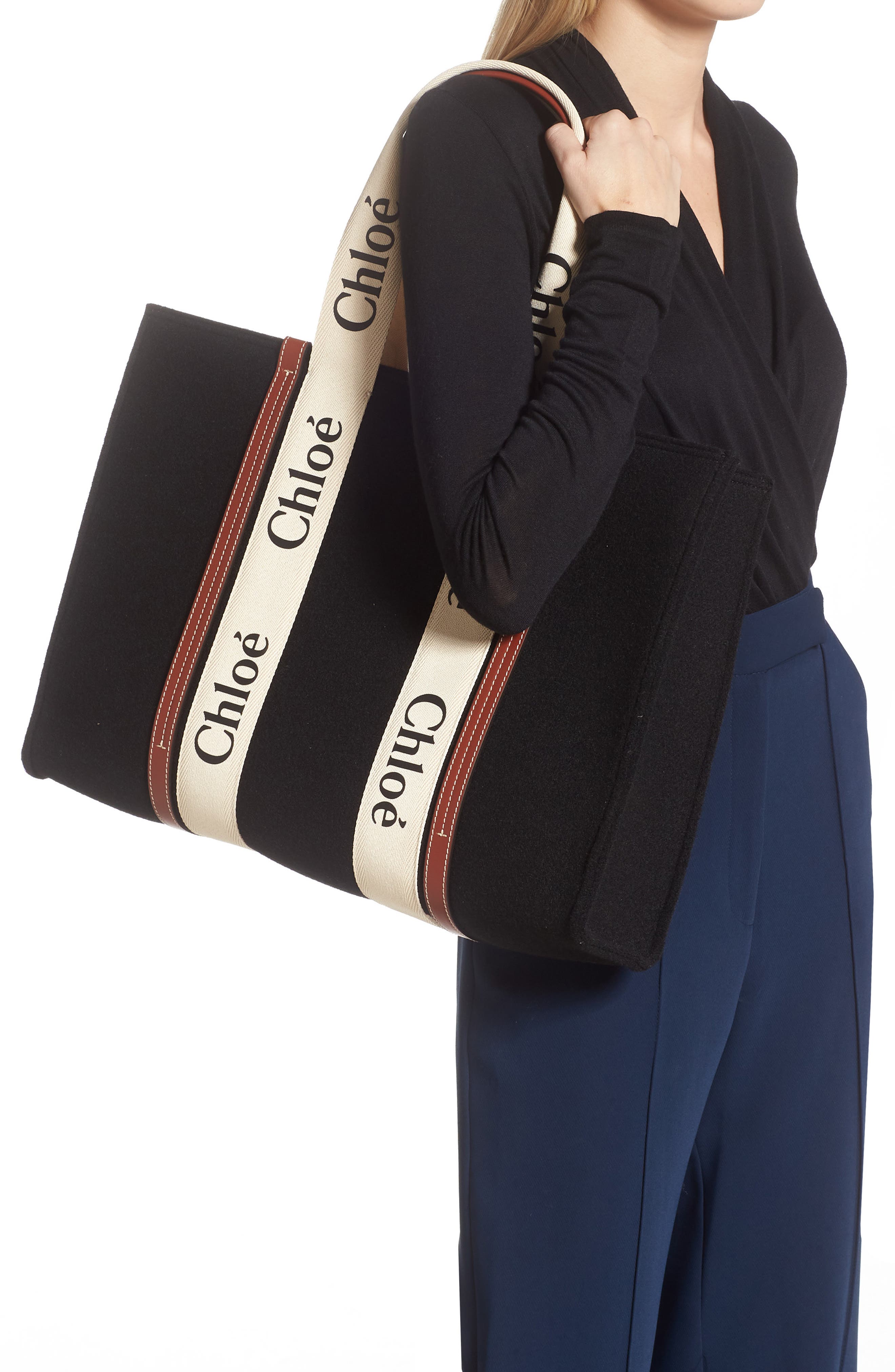 Chloé Large Woody Logo Strap Stripe Recycled Wool Tote, Alternate, color, 