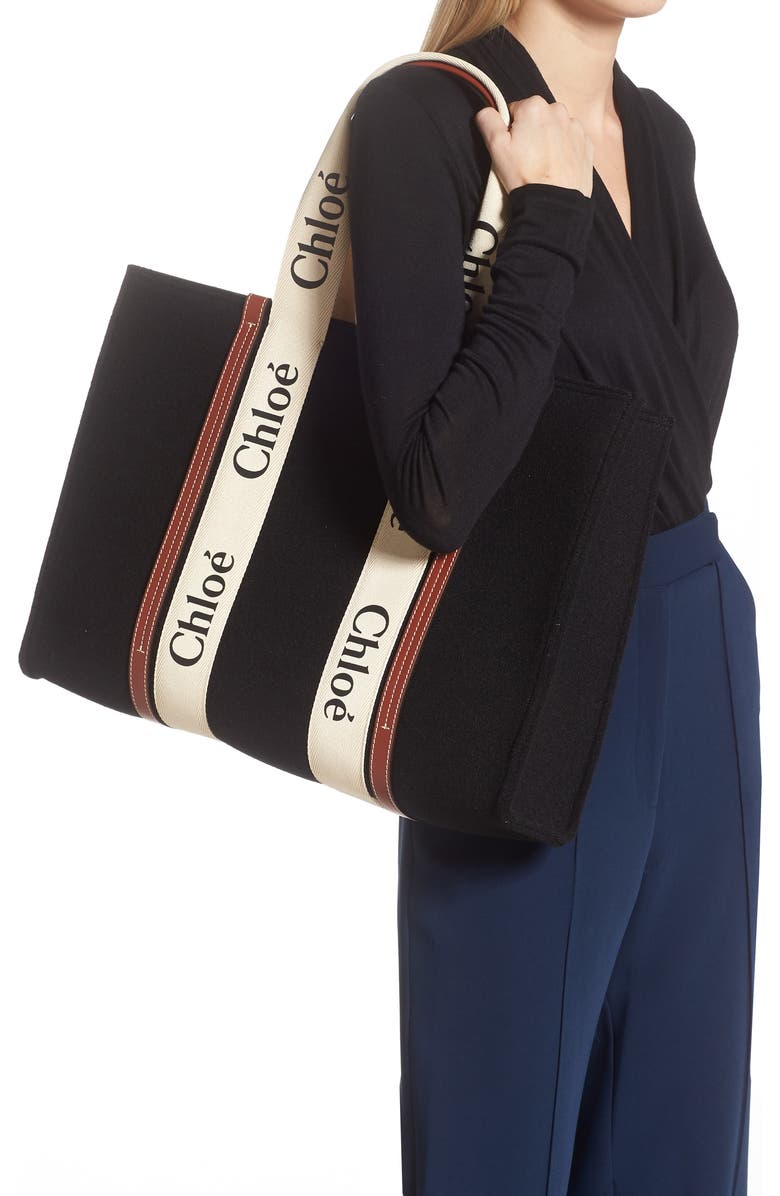 Chloé Large Woody Logo Strap Stripe Recycled Wool Tote, Alternate, color,