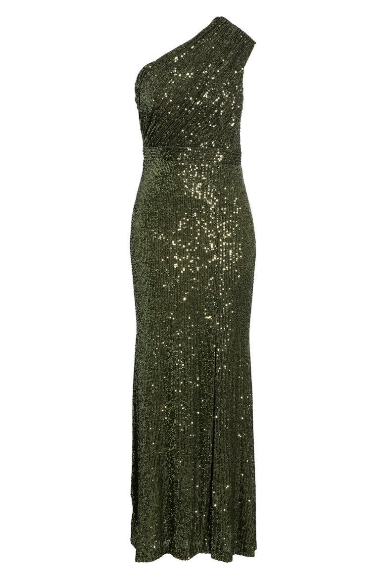 Sequin One-Shoulder Gown, Alternate, color, OLIVE