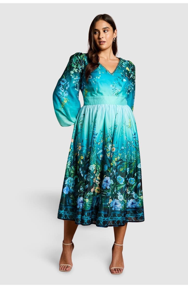 Coast Plus Placement Print Organza Midi Dress, Main, color, Teal
