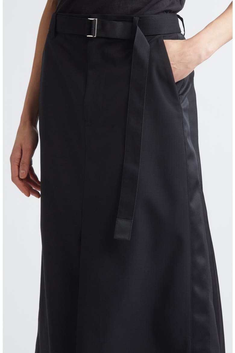 Belted Wool Suiting & Satin Pencil Skirt, Alternate, color, BLACK