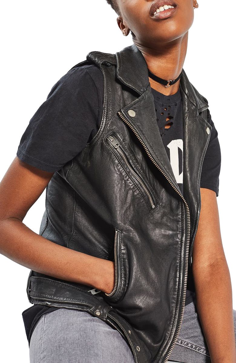Topshop Leather Moto Vest, Alternate, color, 