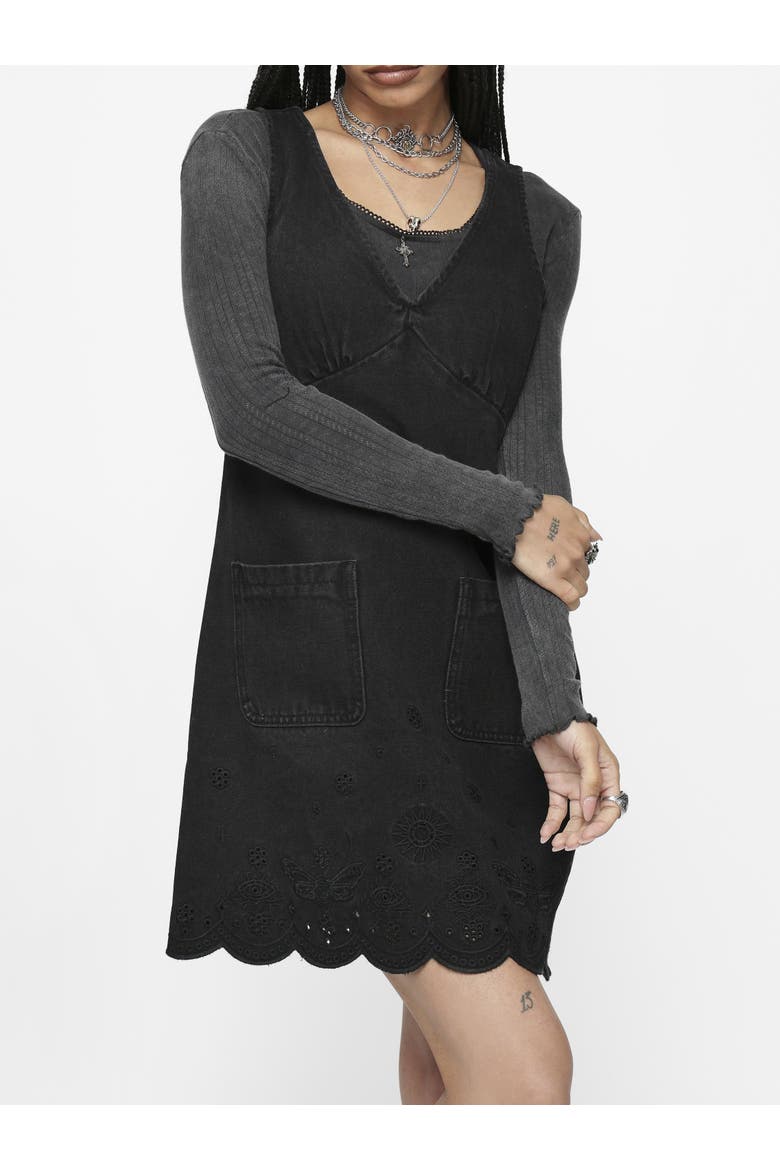 Ayr Broderie Denim Pinafore Dress, Alternate, color, Black