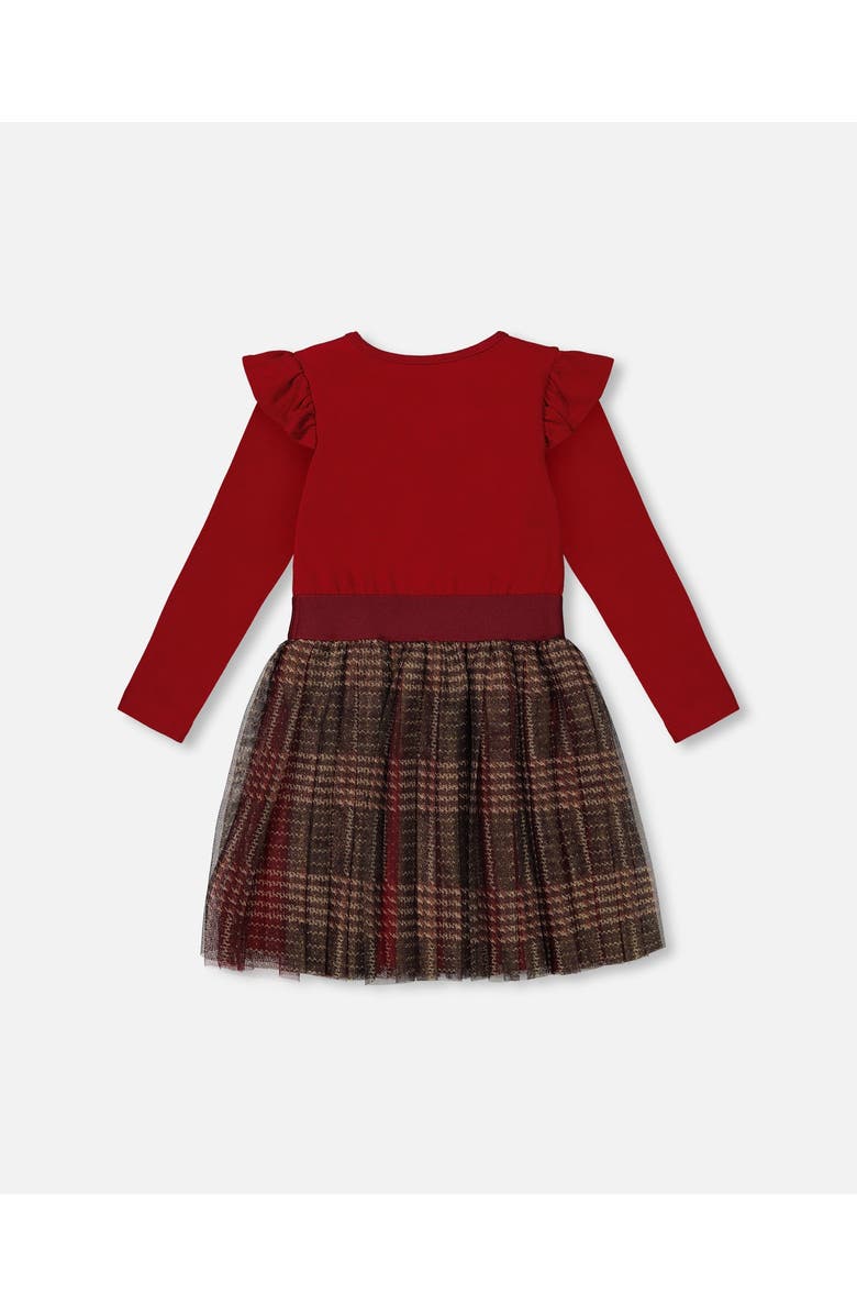 Deux par Deux Girl's Long Sleeve Dress With Glittering Tulle Skirt Red Plaid, Alternate, color, 