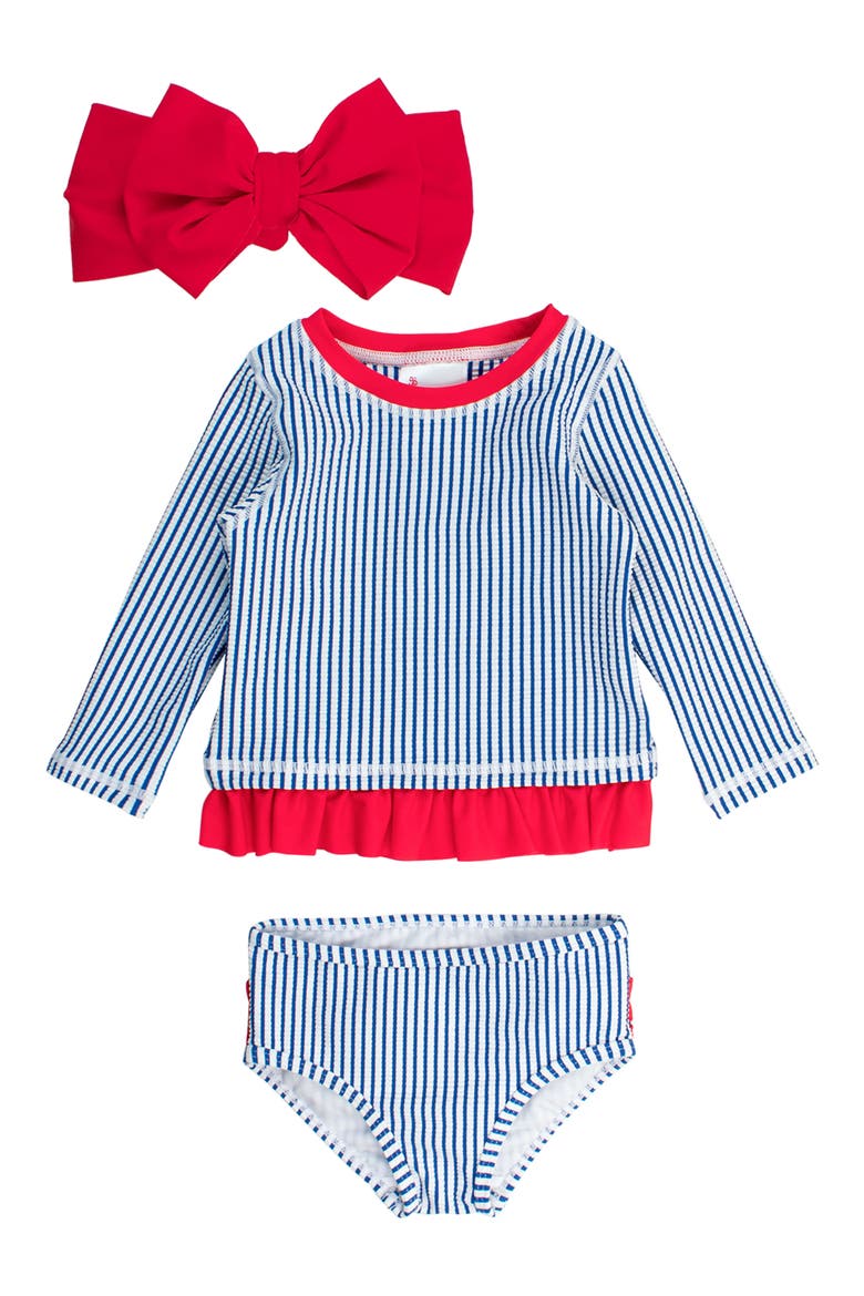 Seersucker Two-Piece Rashguard Swimsuit & Bow Headwrap Set, Main, color, BLUE