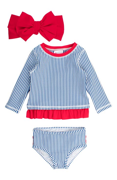 Seersucker Two-Piece Rashguard Swimsuit & Bow Headwrap Set (Baby)