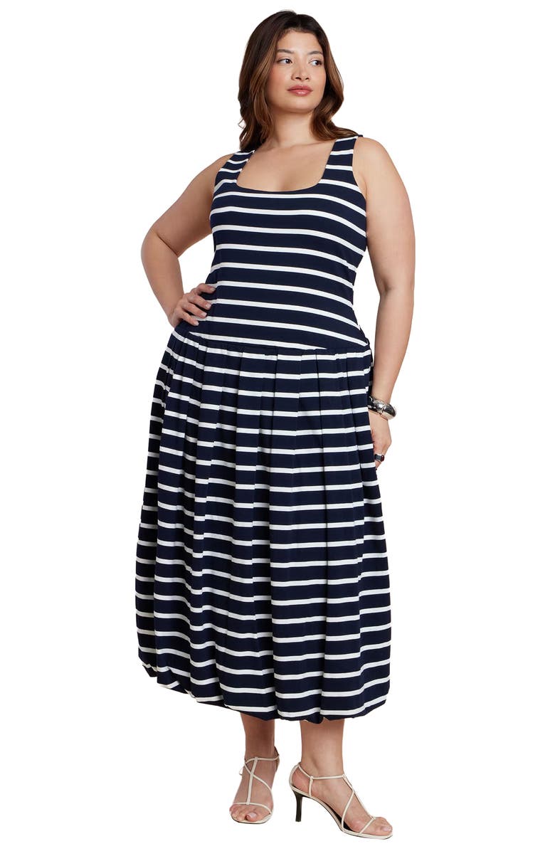 ELOQUII Striped Drop-Waist Bubble Maxi Dress, Main, color, Navy Stripe