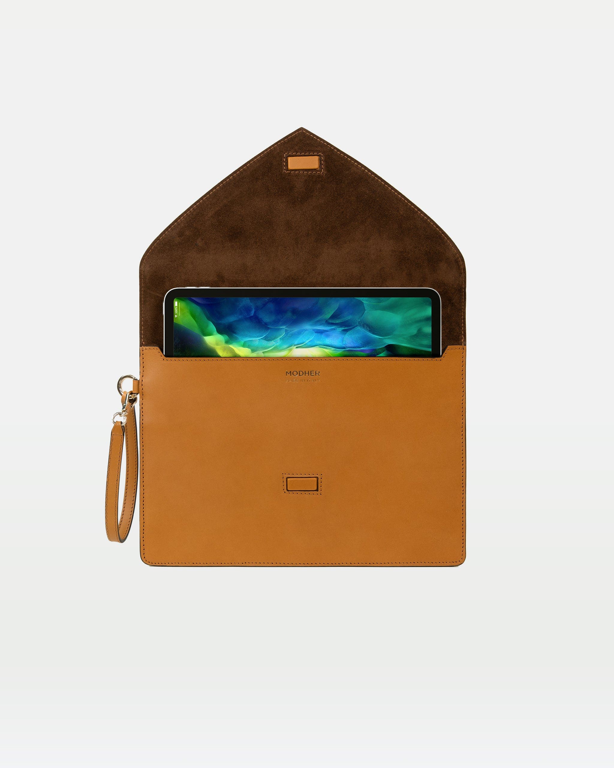 Envelope Clutch In Vegetable Tanned Calfskin And Suede Leather, Alternate, color, Tan