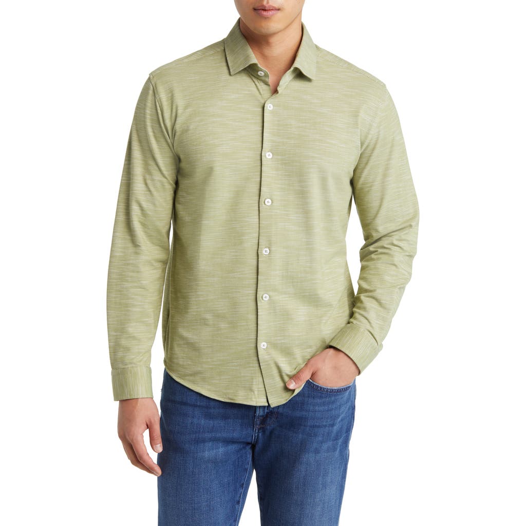 Stone Rose Slub Knit Button-up Shirt In Sage