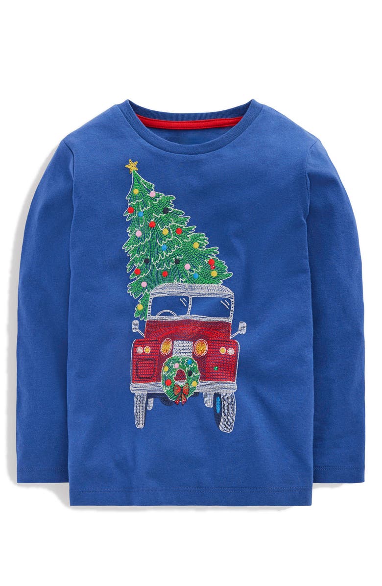 Mini Boden Kids' Holiday Glow in the Dark Superstitch Cotton Graphic T-Shirt, Main, color, Festive Jeep Xmas Tree