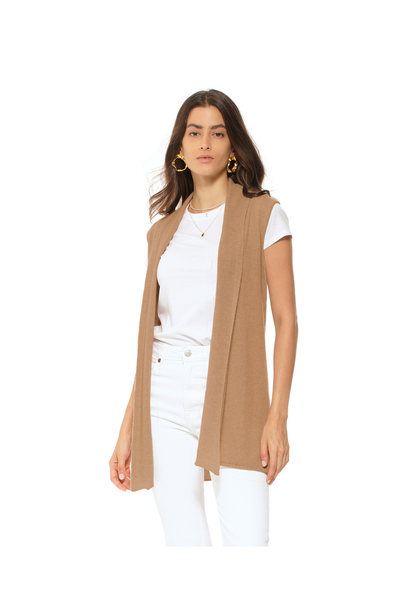 Monticelli Cashmere Pure Cashmere Sleeveless Long Open Front Cardigan, Main, color, Camel