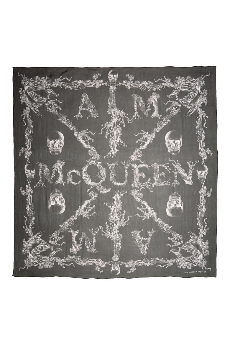 Alexander McQueen Skeletal Print Silk Chiffon Shawl, Alternate, color, BLACK/ IVORY