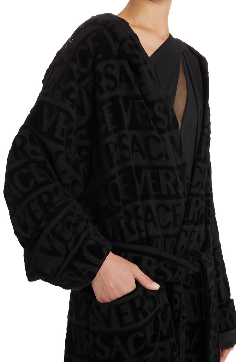 Versace Logo Print Crystal Embellished Hooded Bath Robe, Alternate, color,