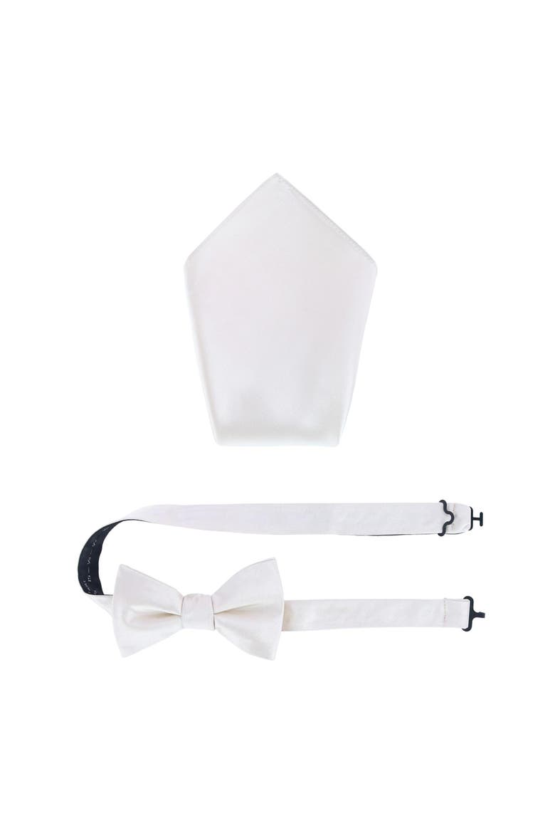Sutton Solid Color Silk Bowtie and Pocket Square Combo, Main, color, Ivory