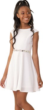 Un Deux Trois Textured Cap Sleeve Dress with Belt in Longer Length