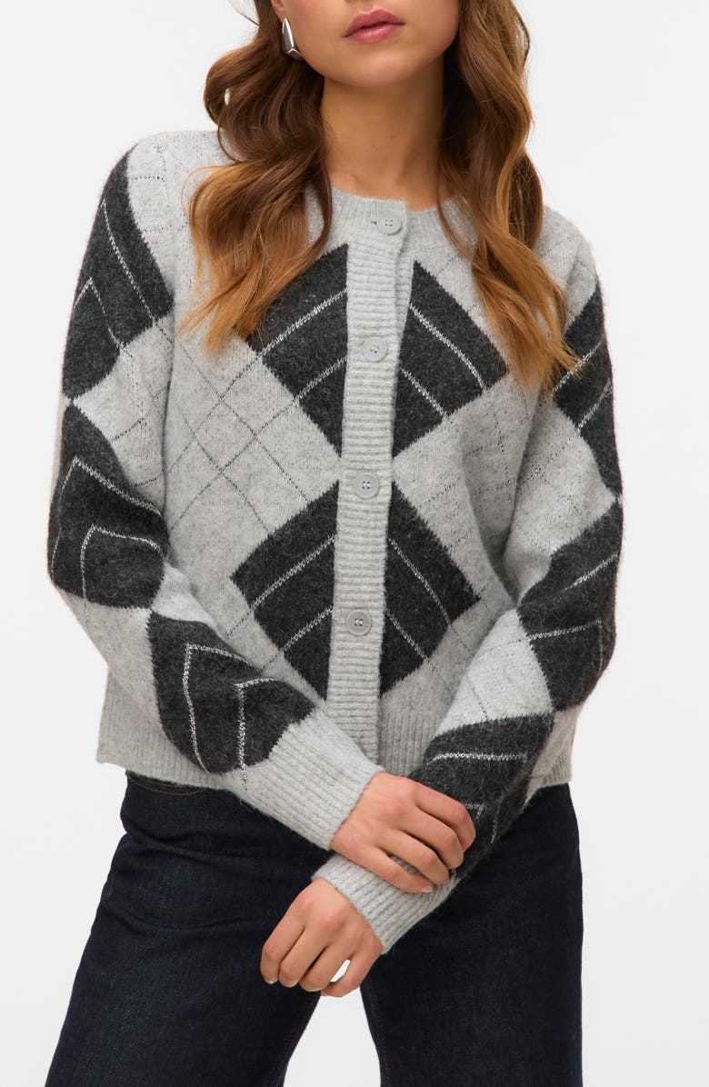 VERO MODA Dae Metallic Argyle Cardigan, Main, color, Light Grey Melange