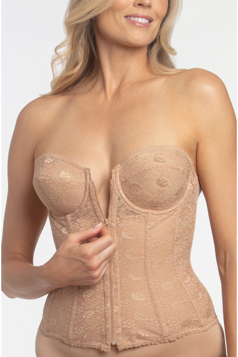 Francesca Lace Strapless Front Closure Longline Bridal Bra, Alternate, color, Mocha