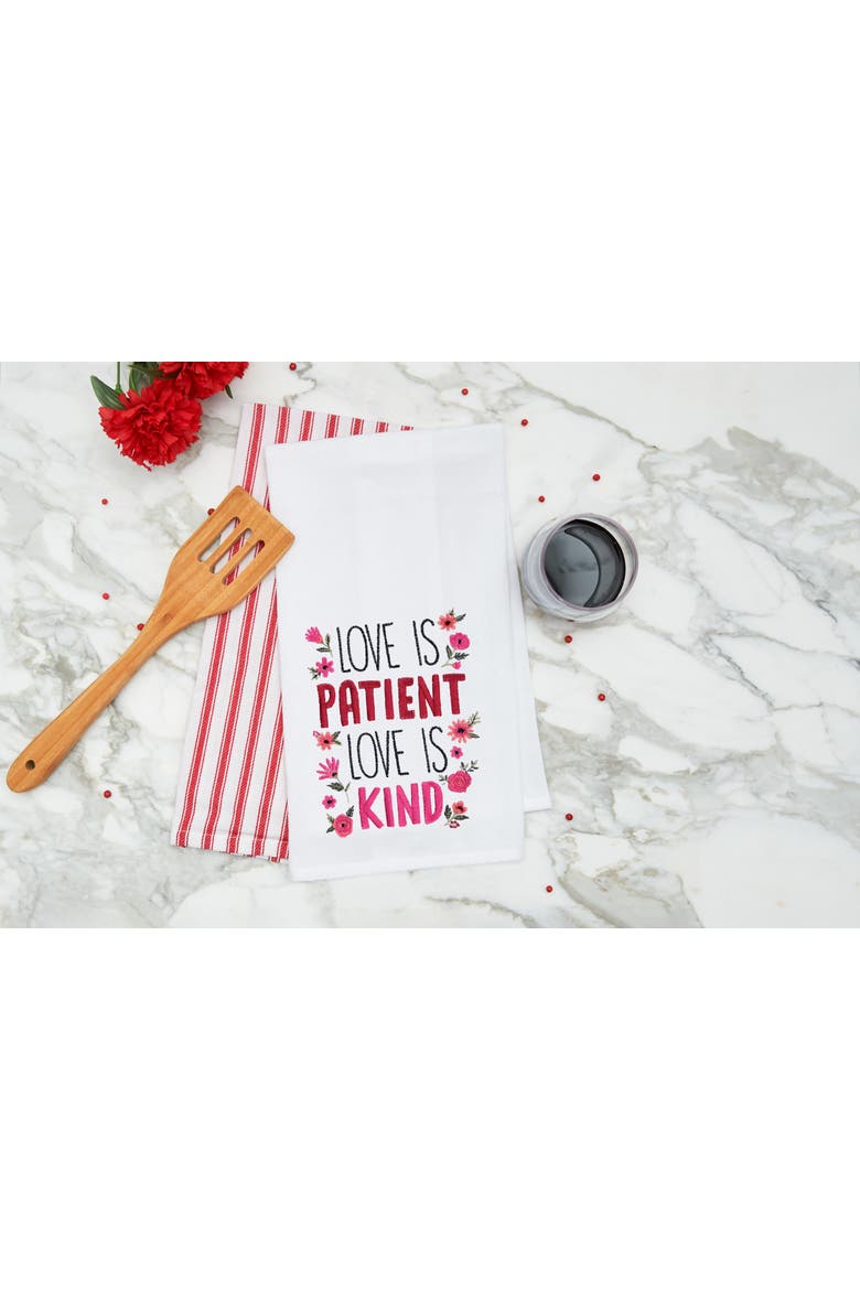 "Love Is Patient & Kind" Flowers Embroidered 100% Cotton Flour Sack Dishtowel, Alternate, color, red