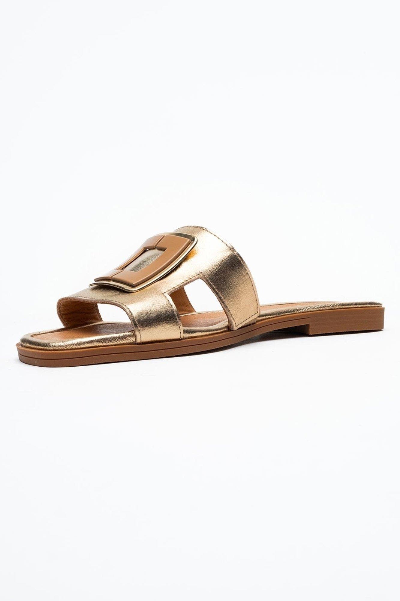 Millie Leather Buckle Slide, Alternate, color, Gold Leather