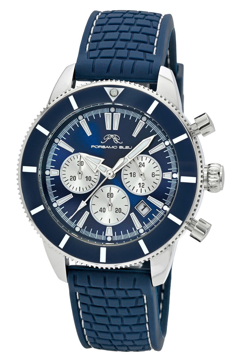 Brandon Chronograph Rubber Strap Watch, 44mm, Main, color, BLUE