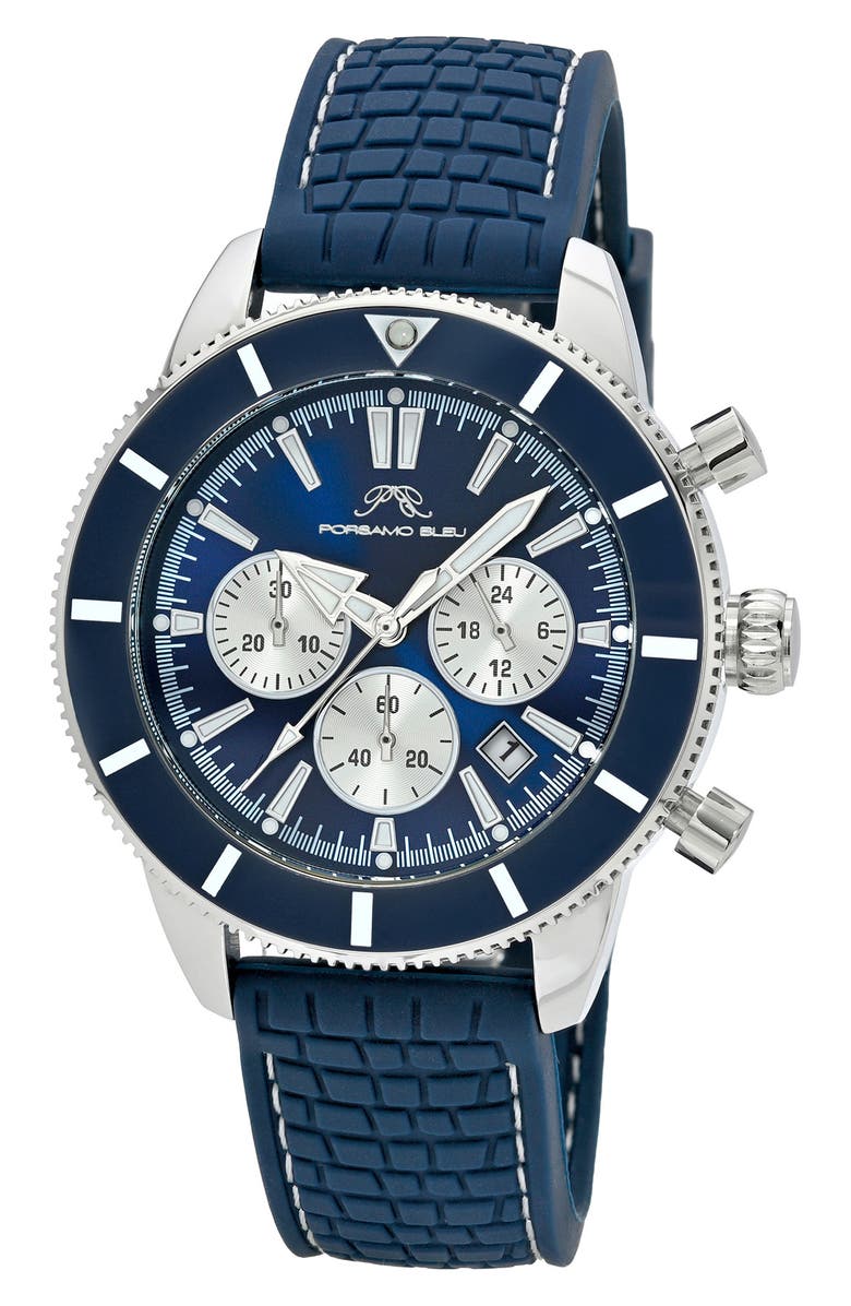 PORSAMO BLEU Brandon Chronograph Rubber Strap Watch, 44mm, Main, color, Blue