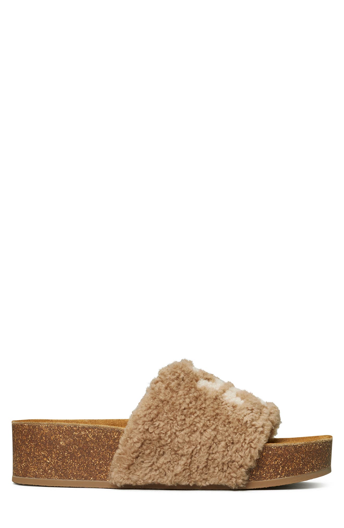 Tory Burch Double T Genuine Shearling Platform Slide Sandal, Alternate, color, 