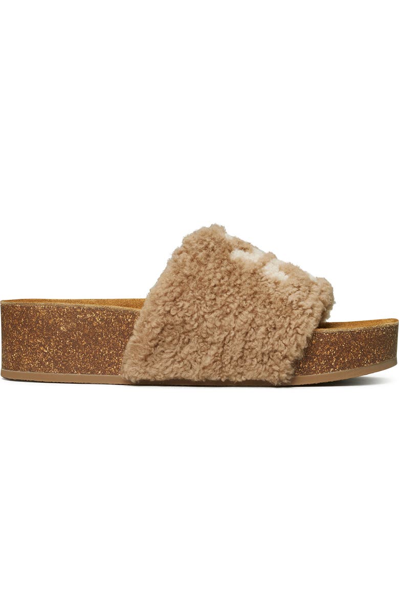 Tory Burch Double T Genuine Shearling Platform Slide Sandal, Alternate, color,