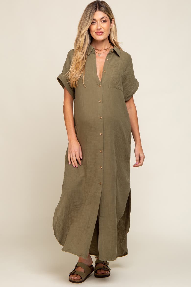 Button Down Midi Dress, Alternate, color, Olive Green