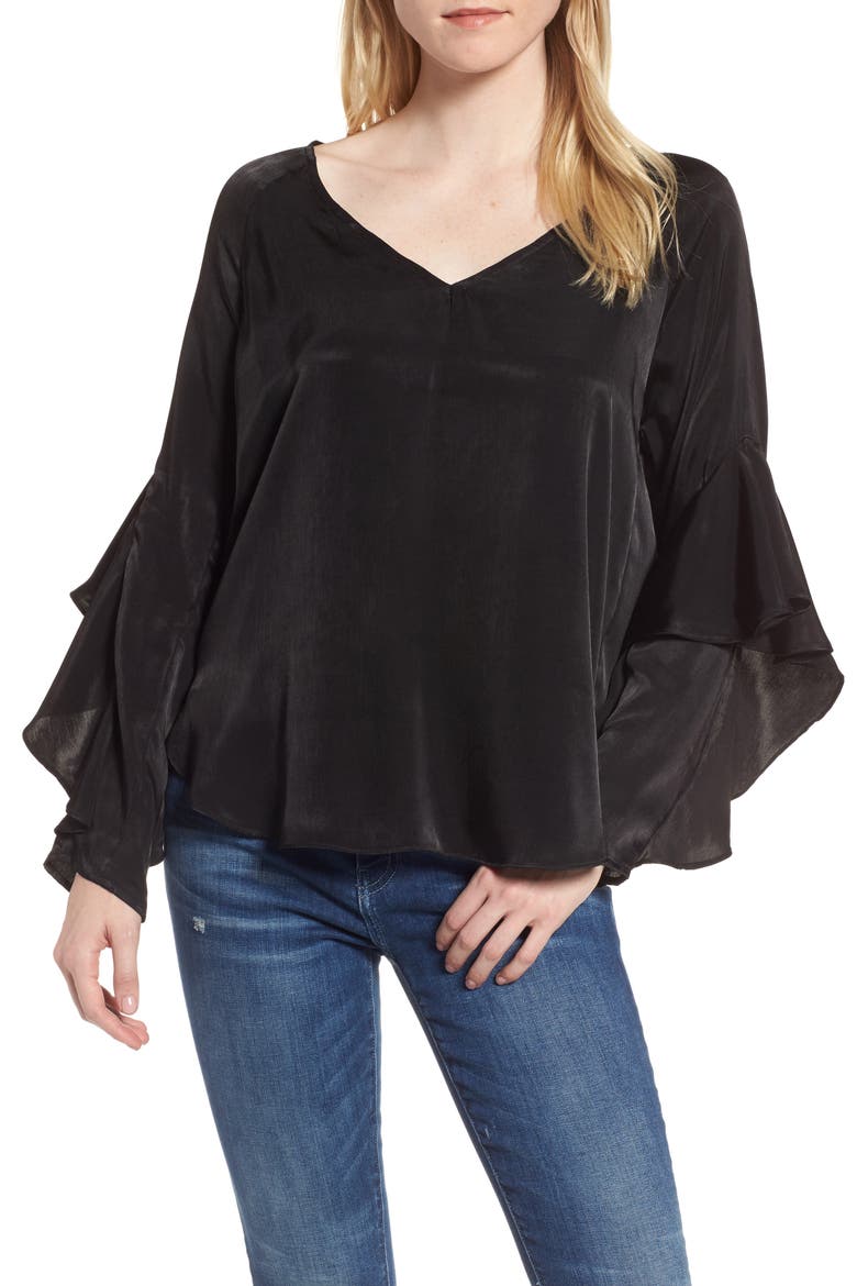 Ruffle Sleeve Blouse, Main, color, BLACK