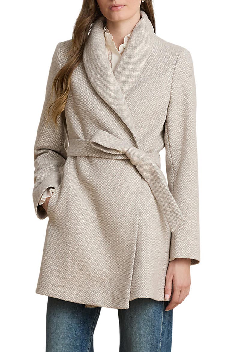 Plaid Wool Wrap Coat, Main, color, TRUFFLE BROKEN TWILL