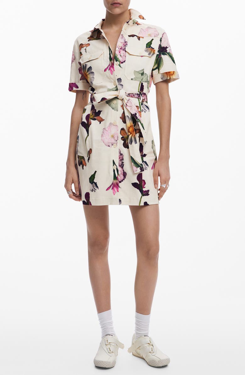 Desigual Floral Belted Mini Shirtdress, Main, color, Light Beige