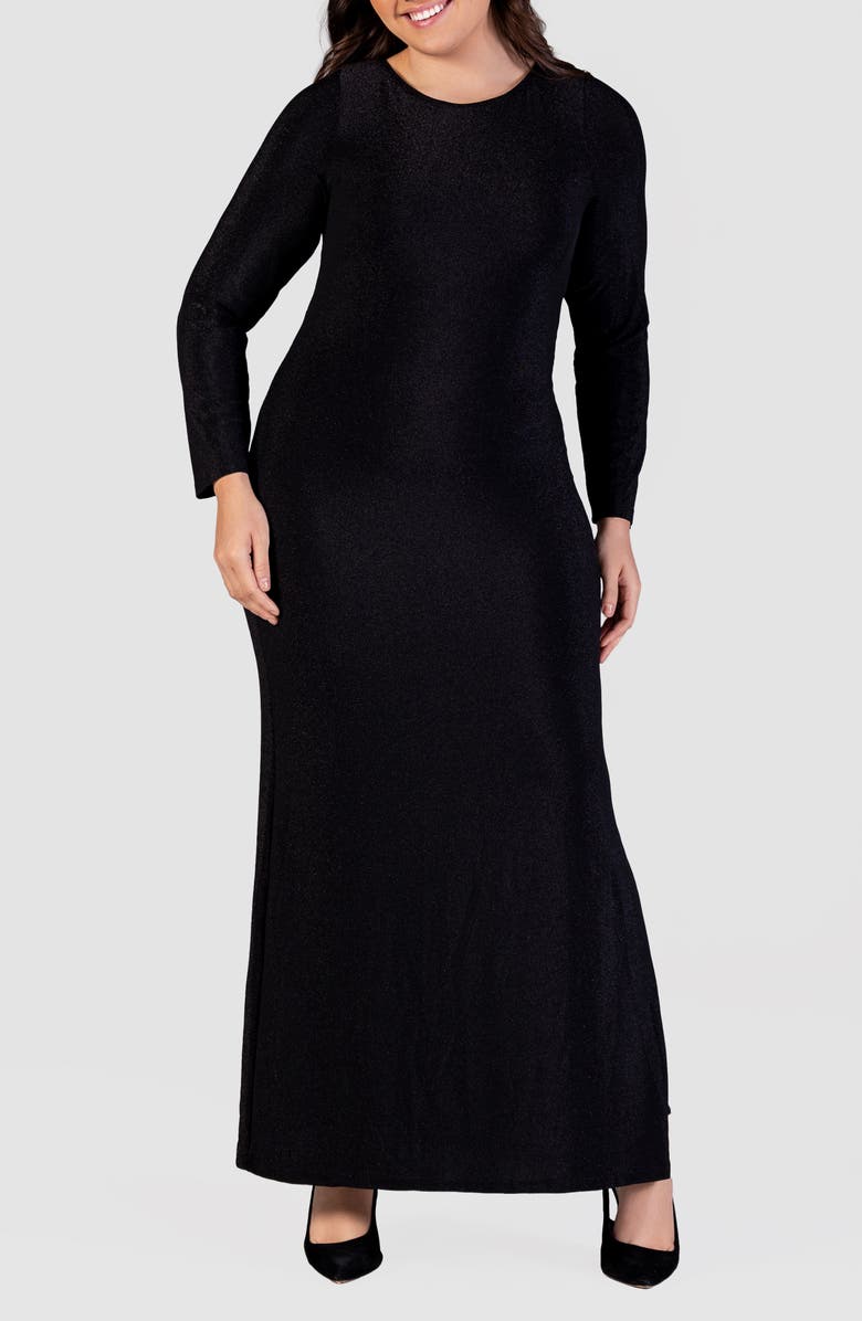 24seven Comfort Apparel Shimmery Long Sleeve Maxi Dress, Main, color, Black