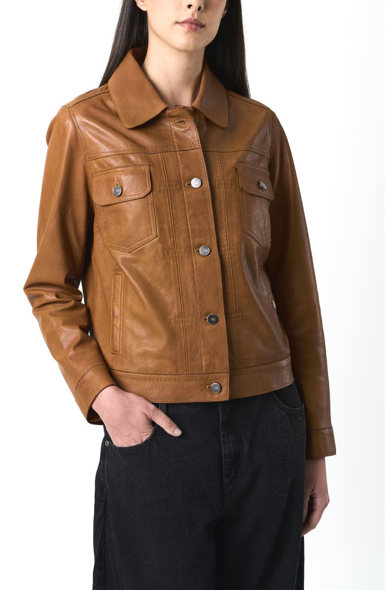 Velez Kalahari Genuine Leather Semi-Fitted Silhouette Trucker Jacket, Alternate, color, Honey