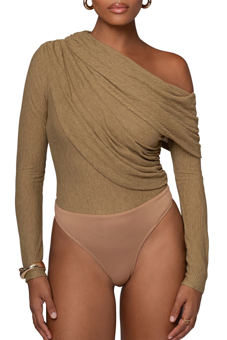 Draped One-Shoulder Bodysuit, Alternate, color, GREEN