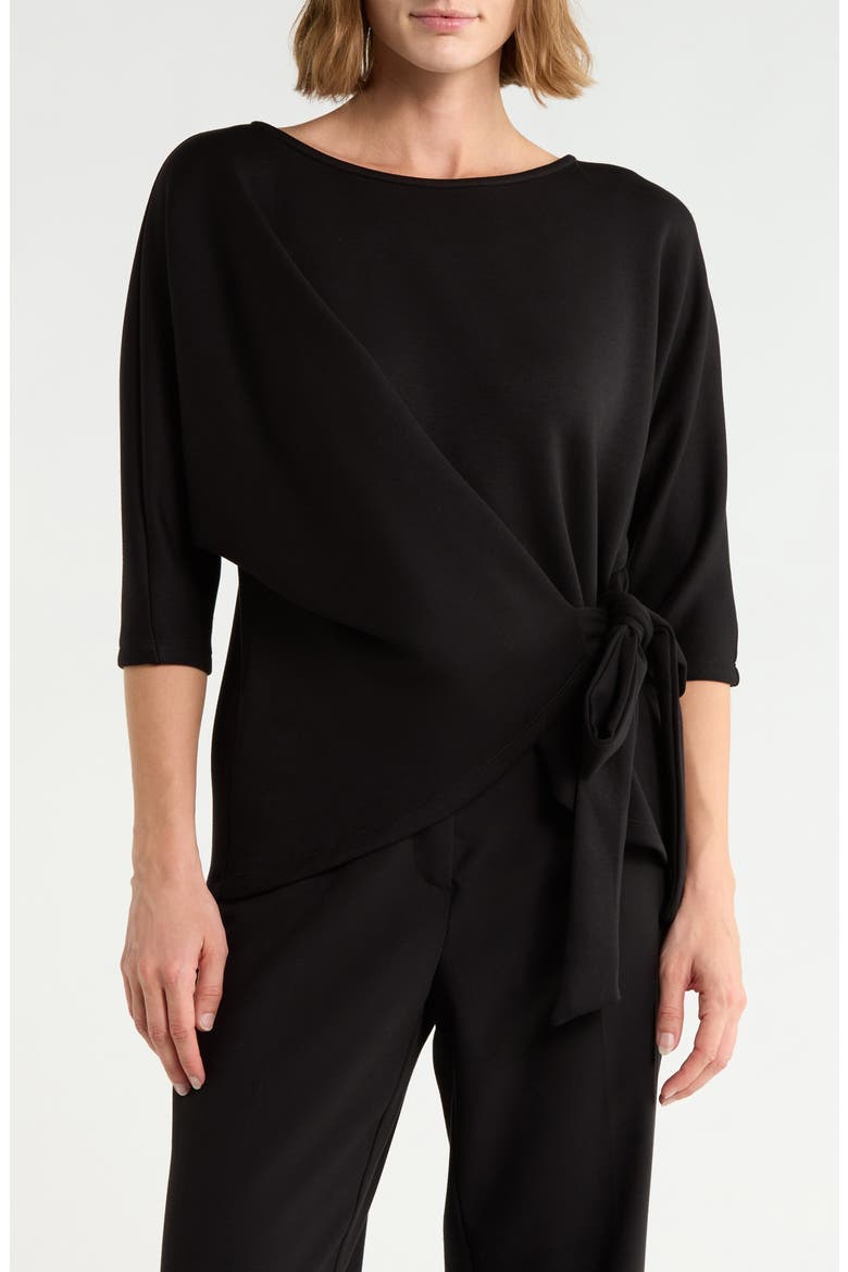 Side Tie Three-Quarter Sleeve Top, Main, color, BLACK