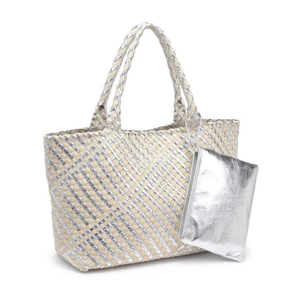 MODA LUXE Solana - Mixed Material Tote, Alternate, color, Silver Ivory
