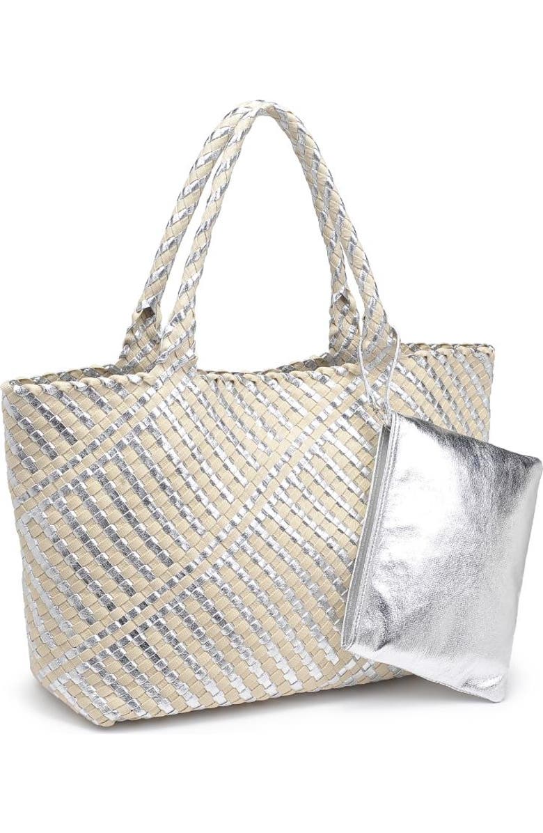 MODA LUXE Solana - Mixed Material Tote, Alternate, color, Silver Ivory