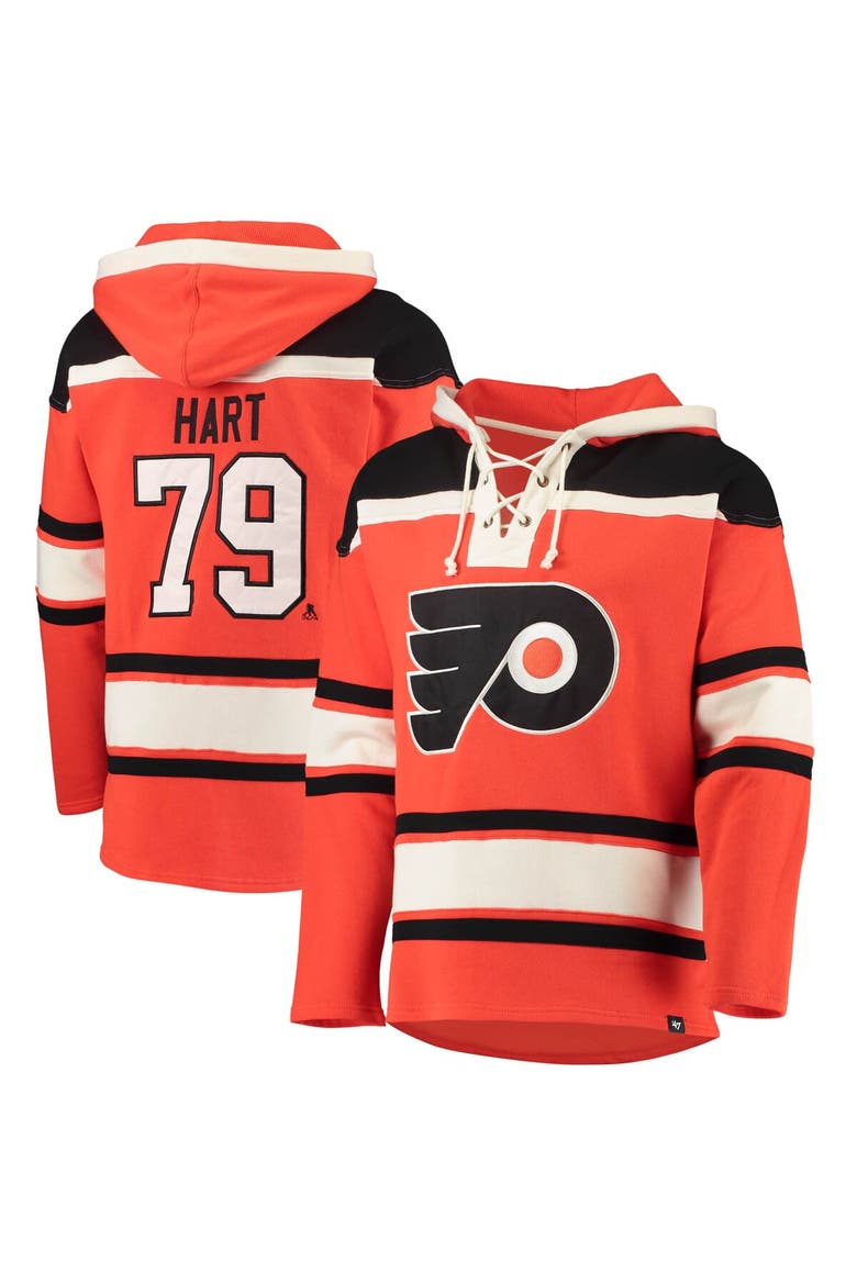 Men's '47 Carter Hart Orange Philadelphia Flyers Player Name & Number Lacer Pullover Hoodie, Main, color, Orange